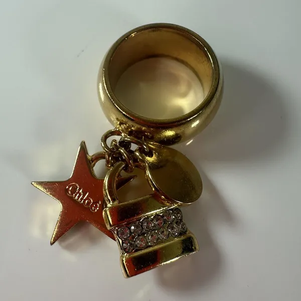 Chloé Paddington Gold Tone Padlock Star Charm Ring Rhinestone Size 6.5 - Image 5
