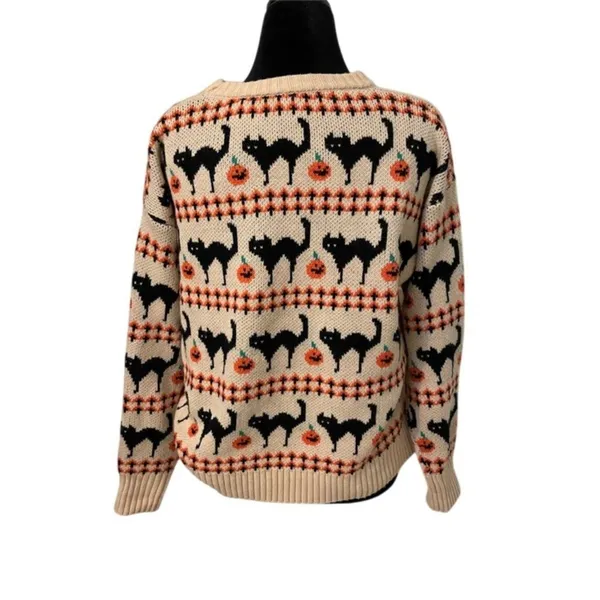 Source Unknown Halloween Sweater XL Black Cat Pumpkin Jack O Lantern Cream Knit Pullover - Image 6