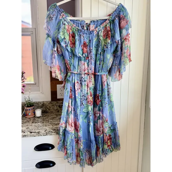 Zimmermann Winsome Sky Sunbleach Floral 100% Silk Ruffle Mini Dress Size 2 - Image 4