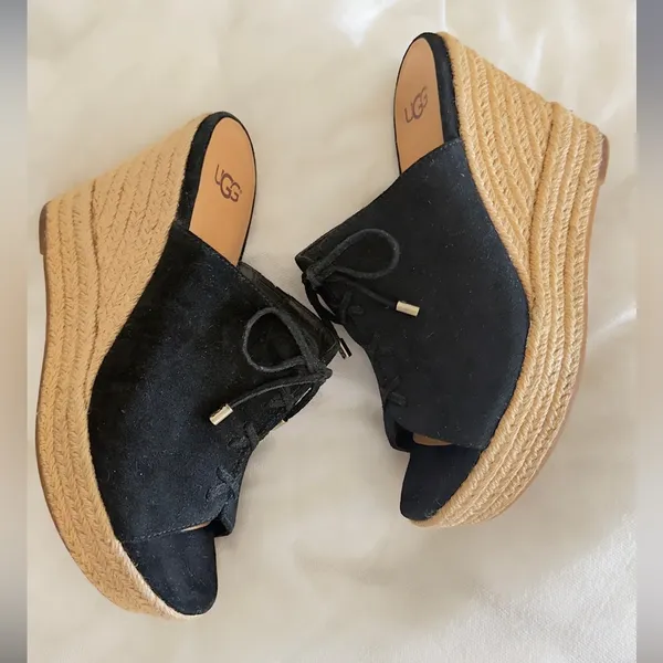UGG Giorgia Black Suede Wedge Size 6.5 Espadrille Lace Up Detail - Image 12