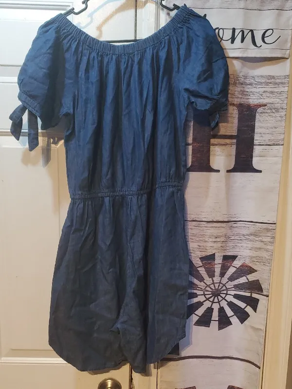 Denim-Style Off-Shoulder Tie-Waist Romper in Blue - Image 3