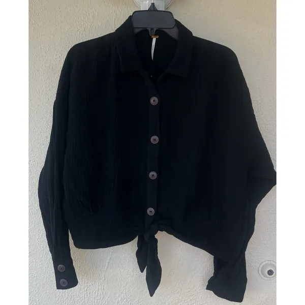 Free People Sunstreaks Tie Front Black Gauzy Cotton Top Button Front Large Beach - Image 3