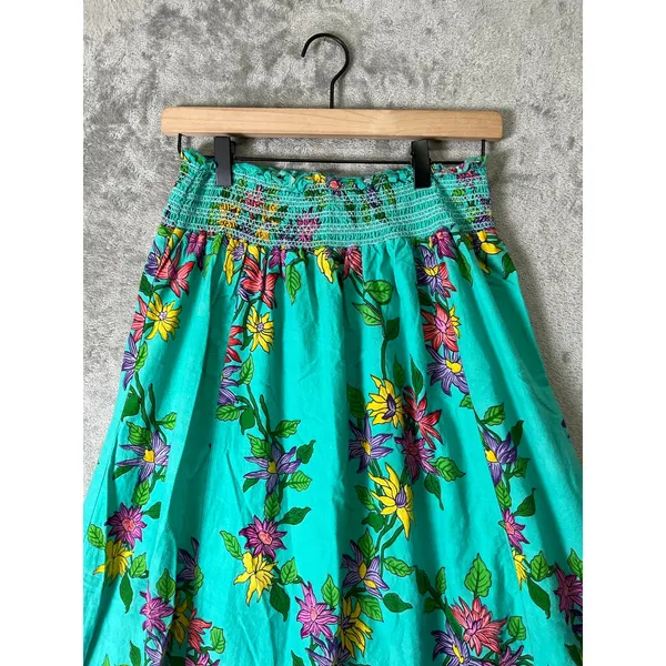 Vintage Tropical Floral Maxi Skirt Teal Smocked Waist Boho Cottagecore Cotton SM - Image 2