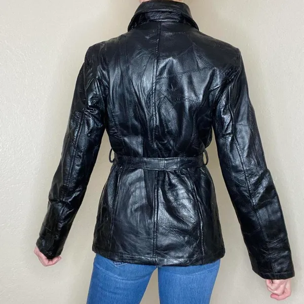 Leather Works Vintage  Black Patchwork Leather Waist Tie Jacket - Image 6