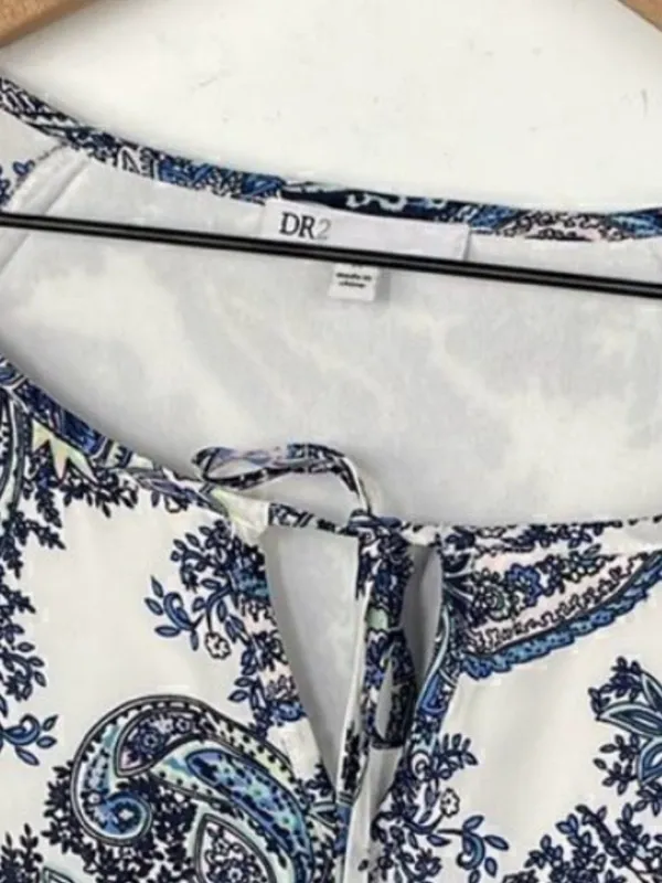 DR2 by Daniel Rainn Blue White Paisley Shift Dress Tassel Tie Neck Split MEDIUM - Image 13