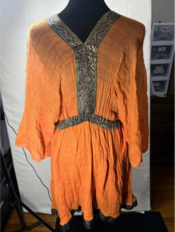 Boho Peasant Tunic Dress Burnt Orange Embroidered Gauze V-Neck Small/Medium - Image 3