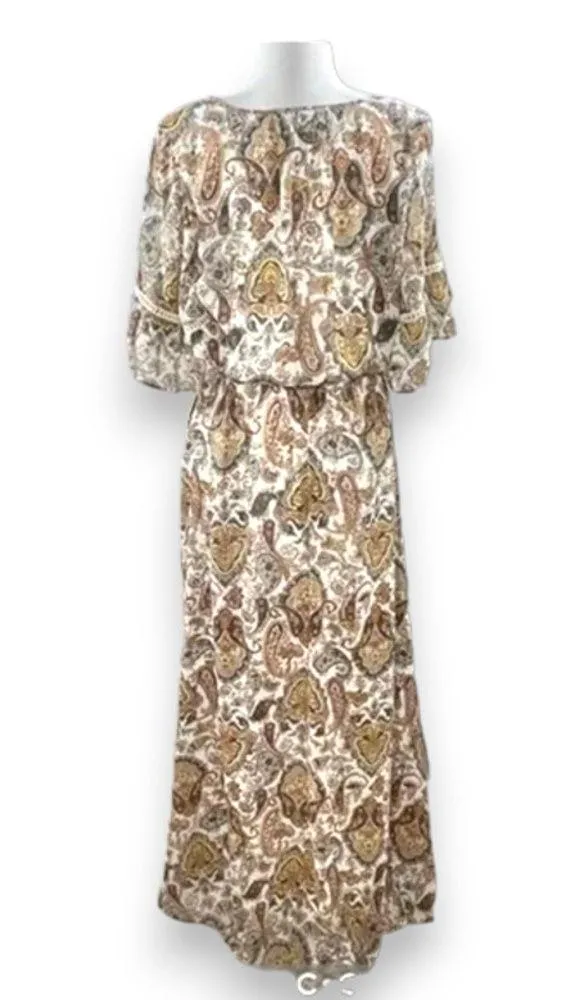 DR2 Womens Dress Sz S Paisley Maxi Dress Cottage Core Prairie Mustard Blue White - Image 5