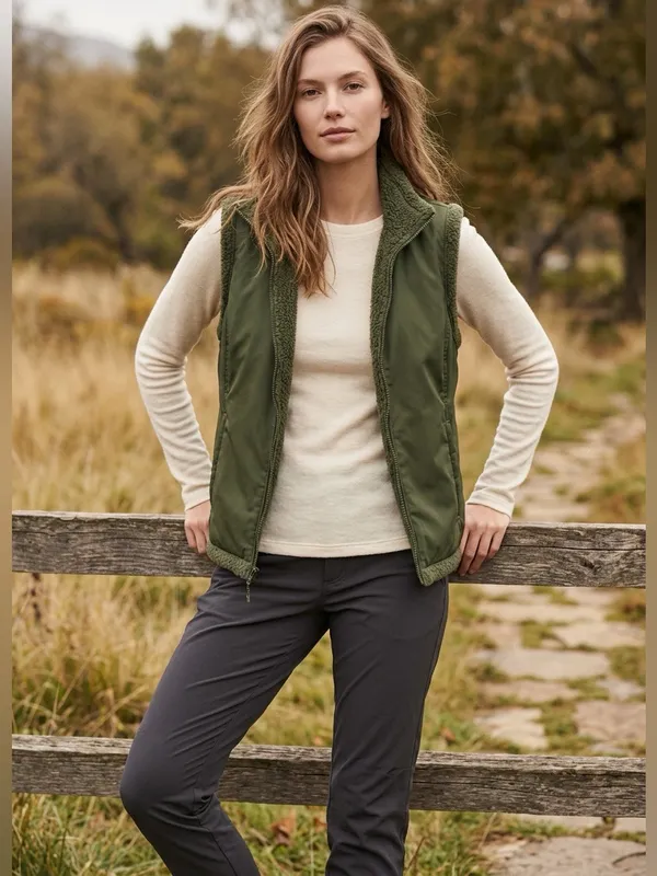 Prana Gorpcore Streetwear Hiking Sherpa Lined Camo Green Womens Vest Sz Medium - Image 5