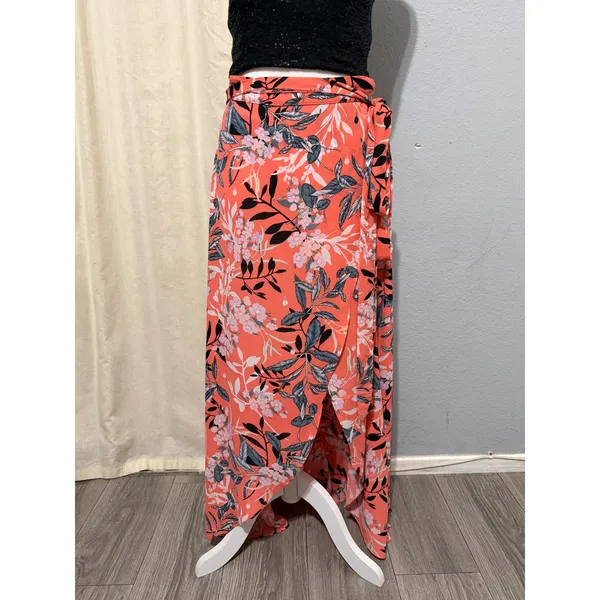 bebe Maxi Skirt Size 8 Coral Floral Wrap High Low Tropical Summer Tie Waist - Image 5