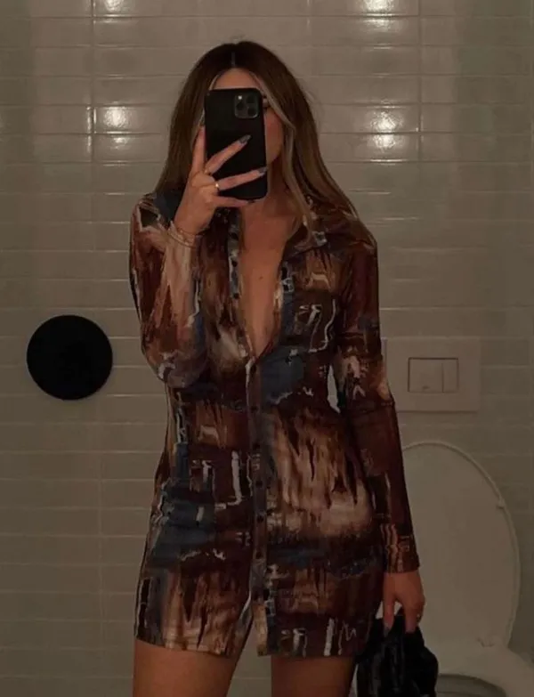 12th Tribe Brown Mesh Button Up Dress - Image 3