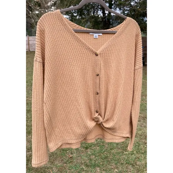 American Eagle Waffle Knit Top Camel Ling Sleeve Lounge Neutral Elevated Basic S - Image 2