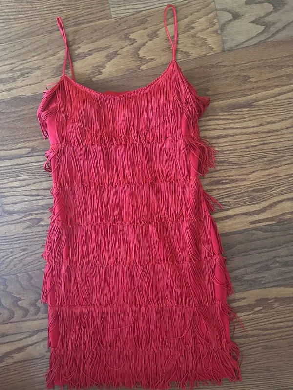 Vintage 90s Rare Roberta Red Fringe Flapper Mini Dress Size Small Cocktail - Image 3