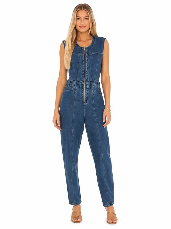 Universal Threads Tailored Denim Zip Front Sleeveless Jumpsuit Dark Wash Size 8 - Image 3