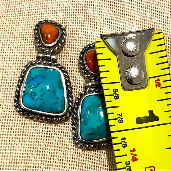BARSE Sterling Silver Rope Edged Turquoise and Coral Drop Earrings - Image 6