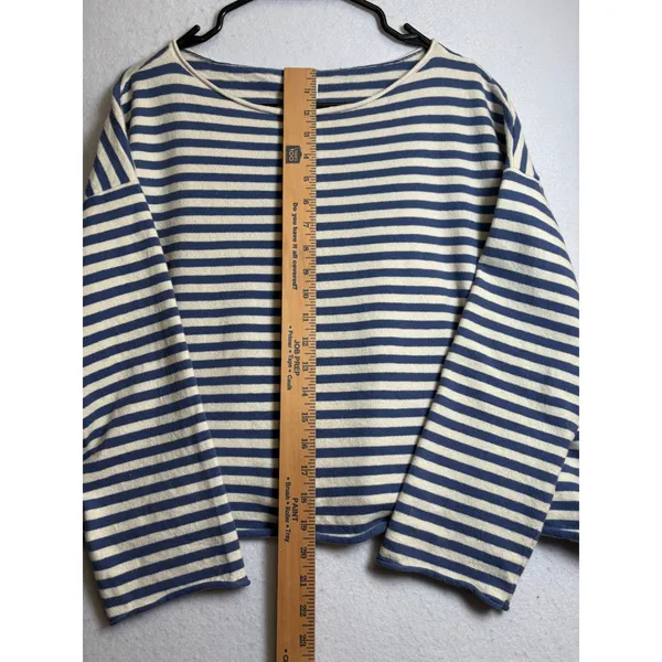Aerie Women Blue Cream Striped Long Sleeve Boxy Boat Neck Top Size M - Image 9