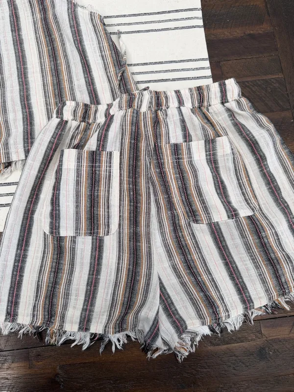 Very J Striped Frayed Two-Piece Shorts Set in Ivory, Black, Tan - Image 7