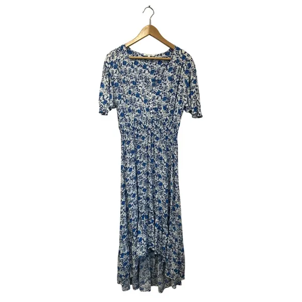 Abel‎ The Label Blue White Floral Midi Dress L Wrap V Neck Cottagecore Boho - Image 2