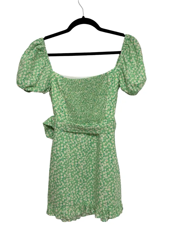 Zara Linen Blend Puff Sleeve Mini Dress in Light Green Floral Daisy Print Size S - Image 5