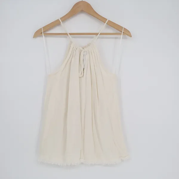 Promesa Beach Mini Dress Womens Medium White Halter Neck Raw Hem Button Details - Image 4
