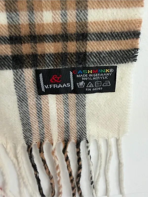 V. Fraas Cashmink Plaid Scarf Ivory Beige Black Red Polyester Fringe Germany - Image 2