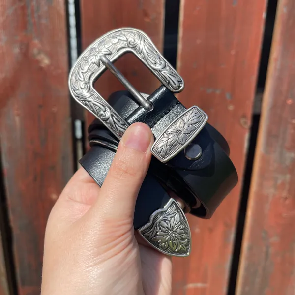 Vintage Western Black Leather Edgy Floral Buckle Silver Hardware Skinny Belt - Image 2