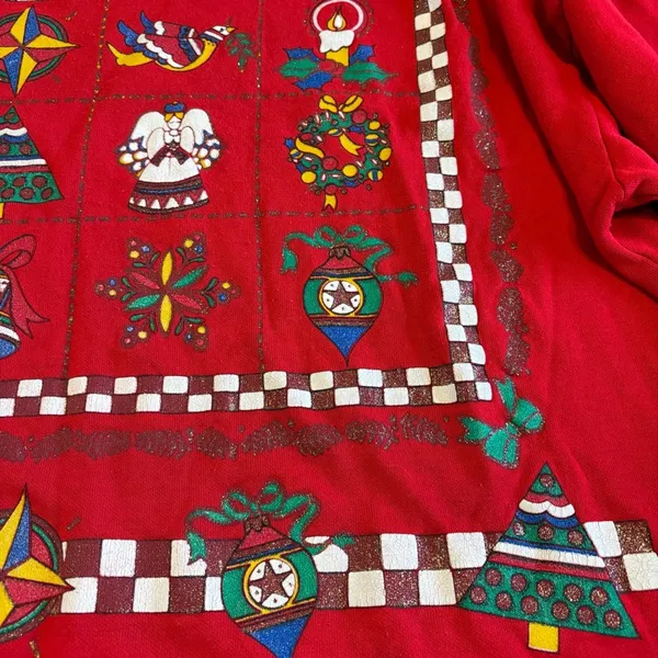 Vintage USA Nutcracker Graphic Christmas Sweater Red Holiday Bow Wreath Glitter - Image 4