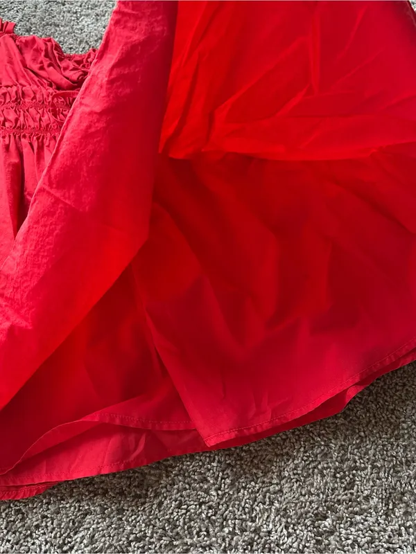 Red Peasant-Style Puff Sleeve Dress - Image 3