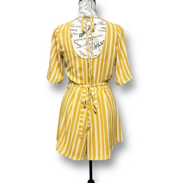 Altar'd State‎ S Yellow White Striped Wrap Romper Tie Waist Coastal Resort Beach - Image 5