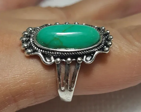 Retro Silver Long Oval Turquoise Ring Size - Image 2