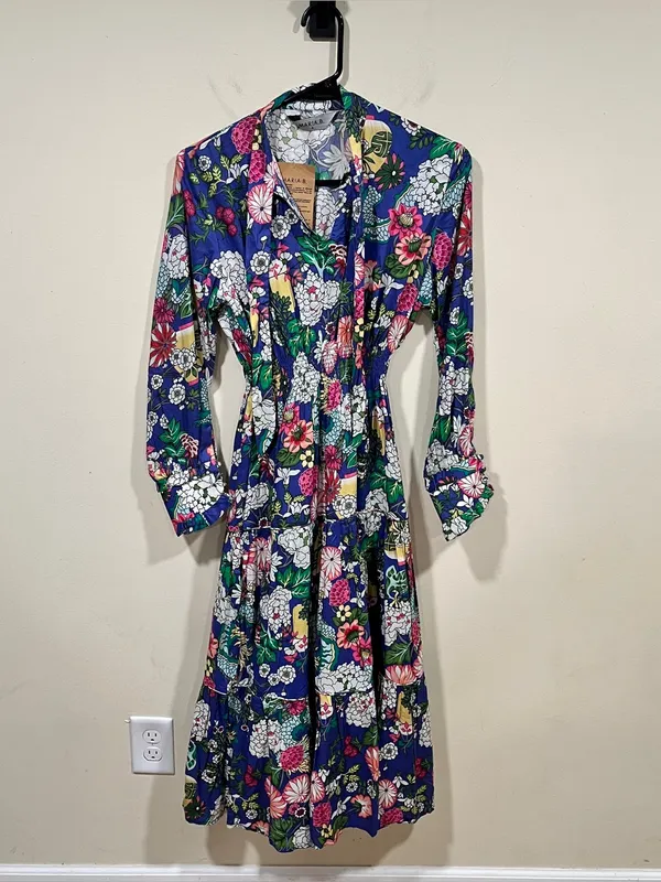 Maria B digital printed floral shirt dress boho smocked waist tiered S NWT - Image 10