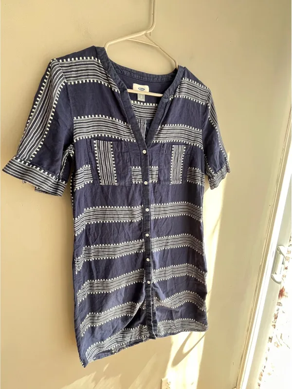 Old Navy Blue & White Geometric Stripe Button-Front Mini Shirt Dress PS - Image 6