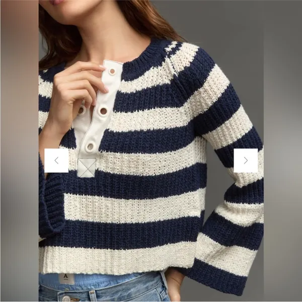 Anthropologie Pilcro Sweater Women's Navy Ivory Stripes‎ Cotton Knit Bell-Sleeve Size XS - Image 2