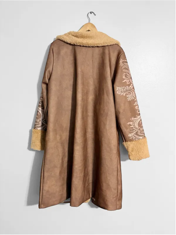 Vintage Inspired Plus Size Shearling Boho Damask Print Coat Brown - Image 3