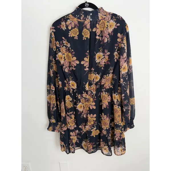 LOST + WANDER Floral Long Sleeve Navy Dress size large - Image 5