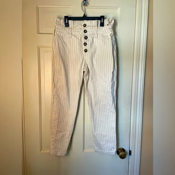 Free People Montella Cream & Brown Pinstripe High Rise Paperbag Jeans 12 - Image 10