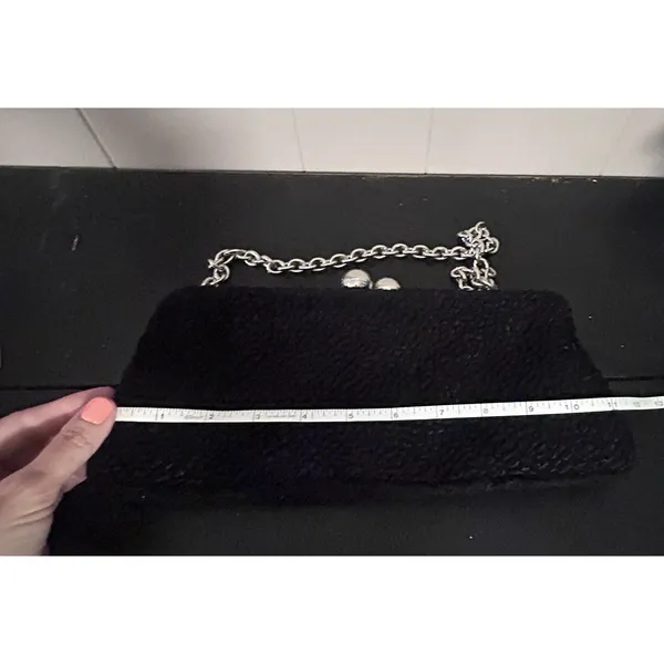 Million Wishes Black Textured Evening Clutch Purse Silver Kiss Lock Frame - Image 7
