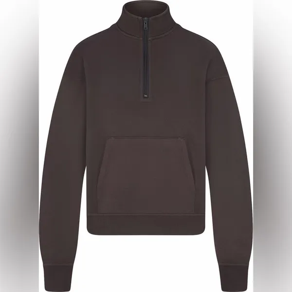 Skims Half Zip Sweater Cropped French Terry Pullover Chocolate Brown Size Small - Image 4