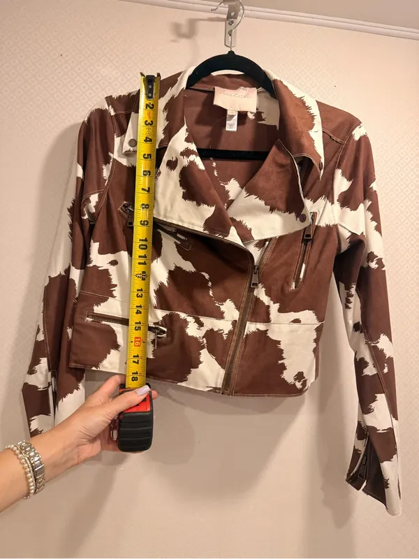 Hutch Brown & White Cow Print Vegan Suede Leather Moto Jacket Size XS - Image 4