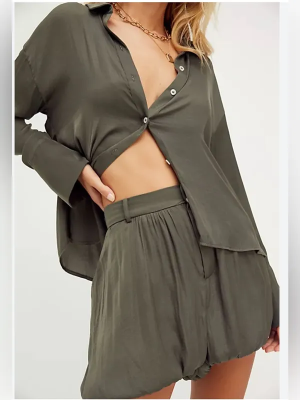 Free People Olive Green Relaxed Bubble Hem Shorts - Image 4