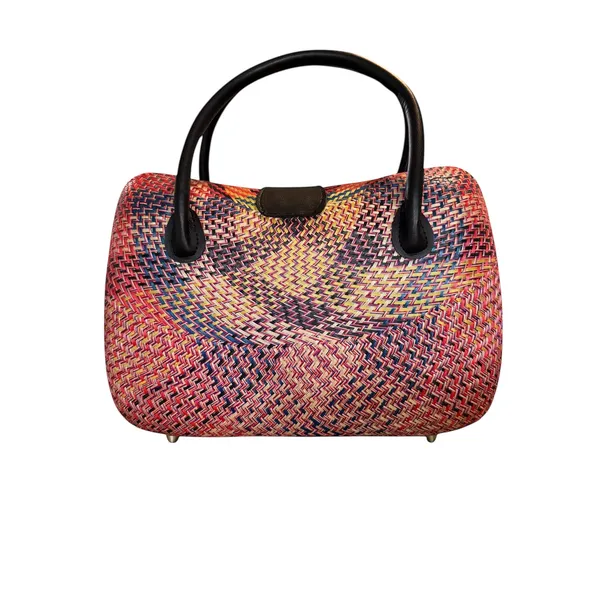Le‎ Sac Woven Straw Top Handle Handbag Colorful Woven Design Black Accents Gold - Image 4