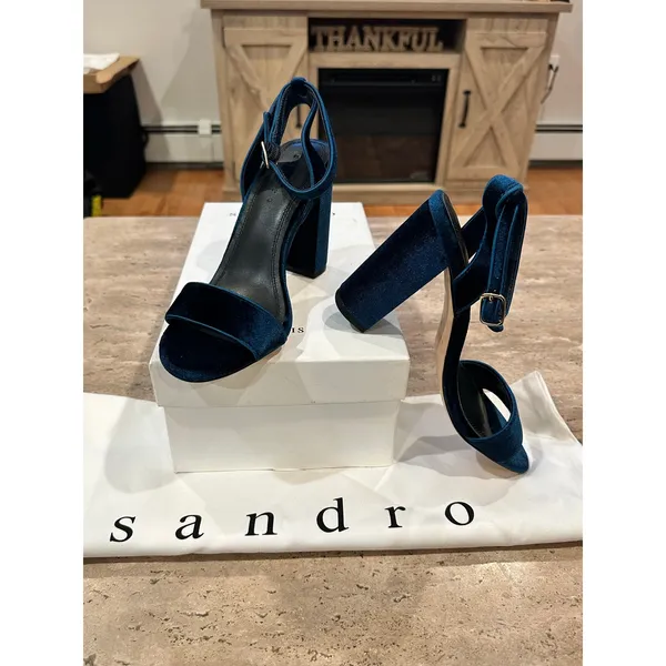 NEW Sandro Adrianne Velvet Block Heels In Turquoise size 36 - Image 2