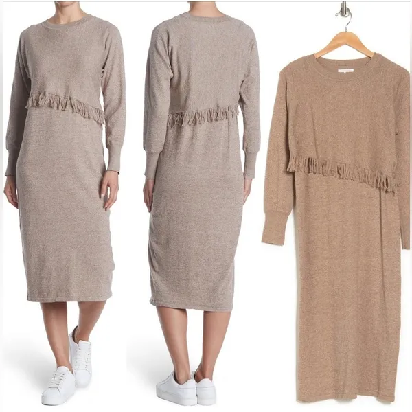 STITCHDROP Fringe 2 in 1 Sweater Dress Midi Fringe Branch Tan Size XL NWT - Image 2