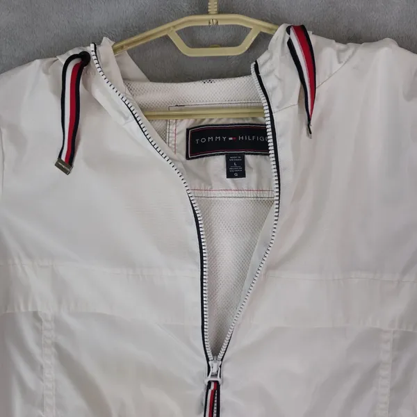 Tommy Hilfiger‎ Windbreaker Jacket Womens Large Long White Spellout - Image 3