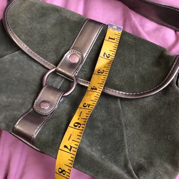 Y2K 2000s Green Suede Shoulder Baguette Hand Bag Purse Grunge Mcbling Silver Studs O-ring #Biker #Alt #Whimsygoth #Baddie #Trendy Measurement in pics - Image 6