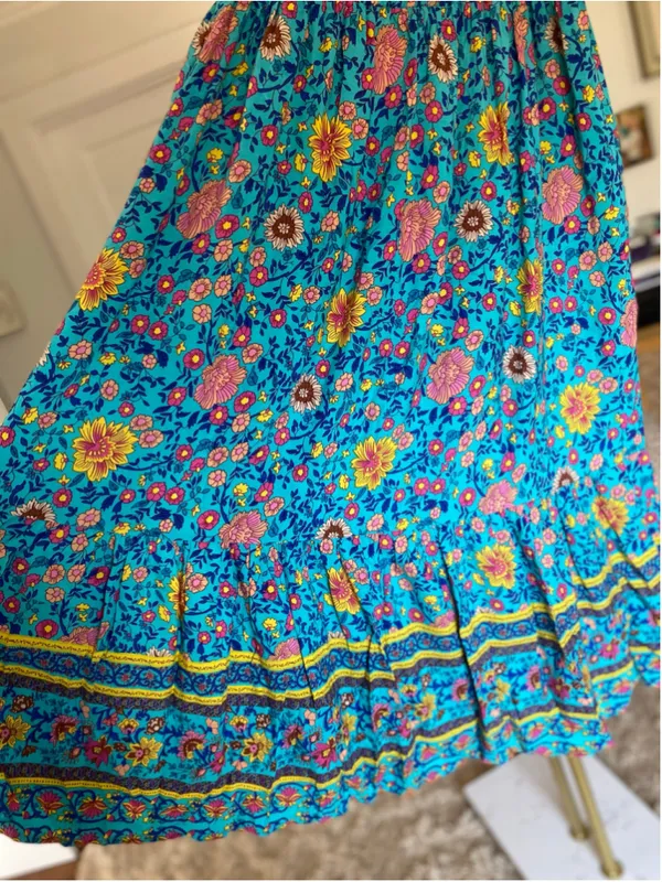 HOTOUCH XL Turquoise Floral Maxi Skirt Tiered Ruffle Slit Cottagecore Boho Flowy - Image 4
