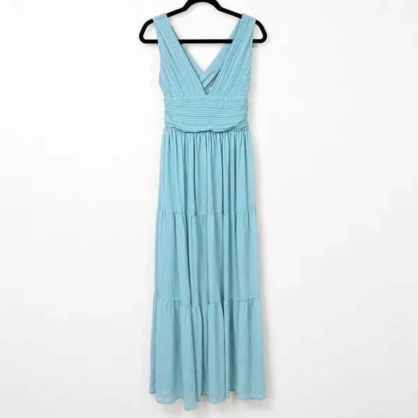NEW Lulus Leora Light Blue Plunging Chiffon Pleated Tiered Maxi Dress Small - Image 6