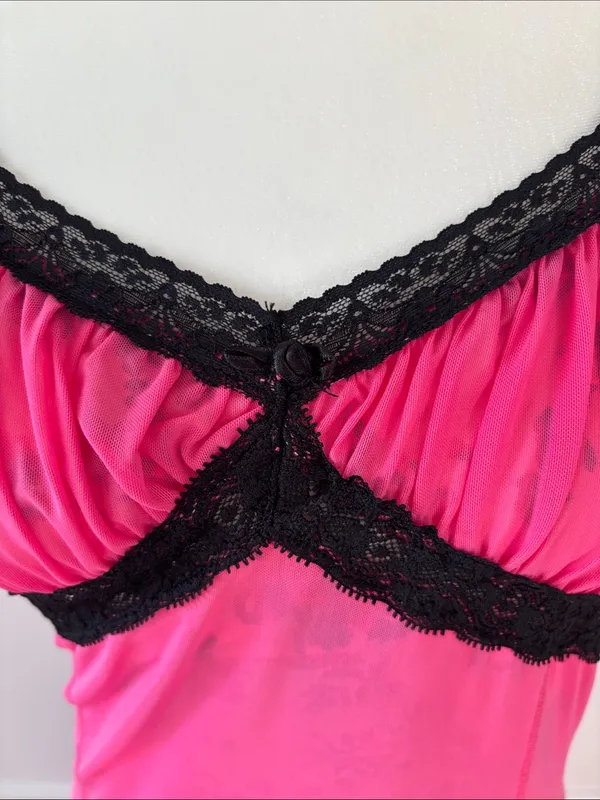 Urban Outfitters Hot Pink Slip Dress with Black Lace Trim Sz Large 90s Y2K Mesh - Image 4