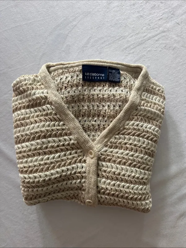 Liz Claiborne Cotten Linen Blend Cream Open-Weave Button Front Cardigan - Image 3