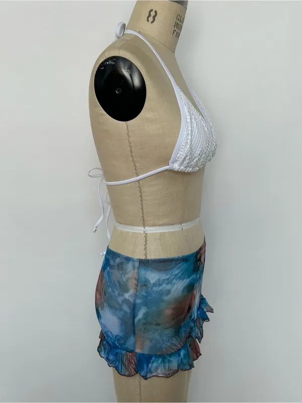 White Textured Halter Bikini Top with Blue Tie-Dye Mini Skirt - Image 2