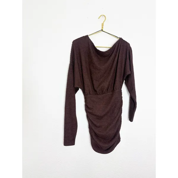 Showpo Alyce Mini Dress Size 4 Brown Ruched Off Shoulder Textured Knit - Image 4